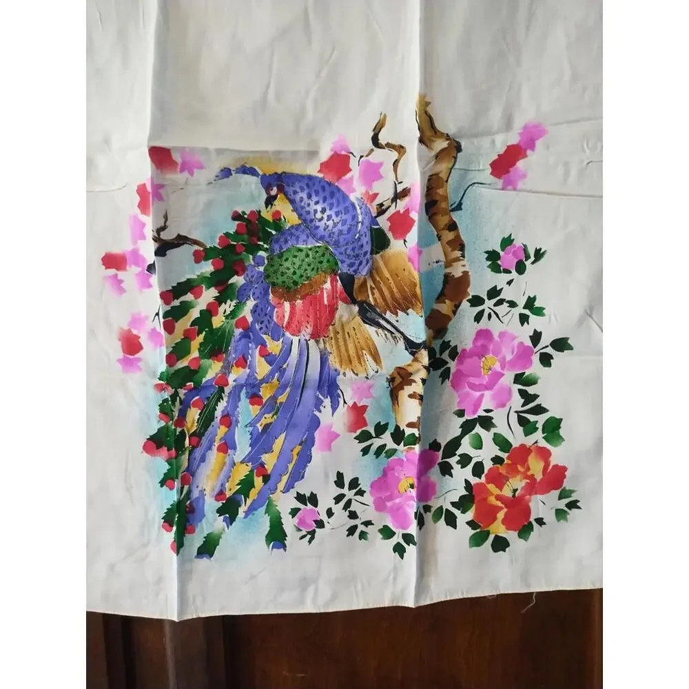 Vintage Chinese Silk Hand Painted‎ Peacock Scarf